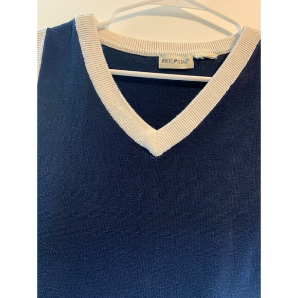 White Stag Sweater Vest Women Sz L Navy w/White Trim Rib Armholes Vtg Y2K Preppy - Picture 5 of 5